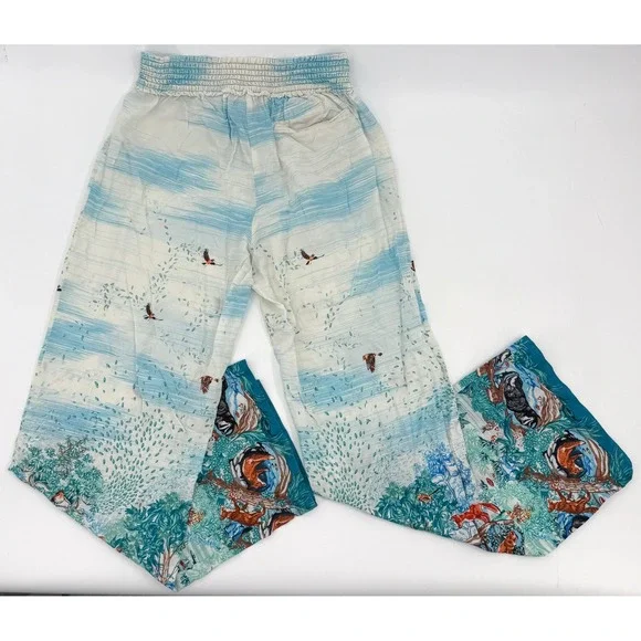 By Eloise Pants Womens Medium Ivory Woodland Animal Print Elastic Anthropologie - Picture 2 of 14